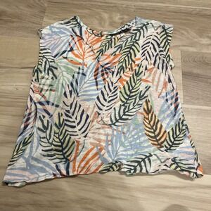 TAHARI 100% Linen Slub Knit Button back Tee Shirt Top Size L in Leaf Print